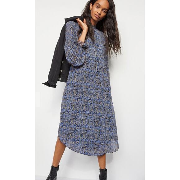 Anthropologie Maeve pleated geometric midi blue long sleeve dress. Small - Picture 1 of 4